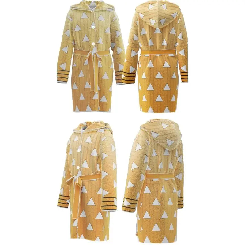 New Demon Slayer Rengoku Kyojuro Hooded Bathrobe Long Sleeve Tie Waist Loungewear Soft Absorbent Home Spa Robe Cosplay Sleepwear