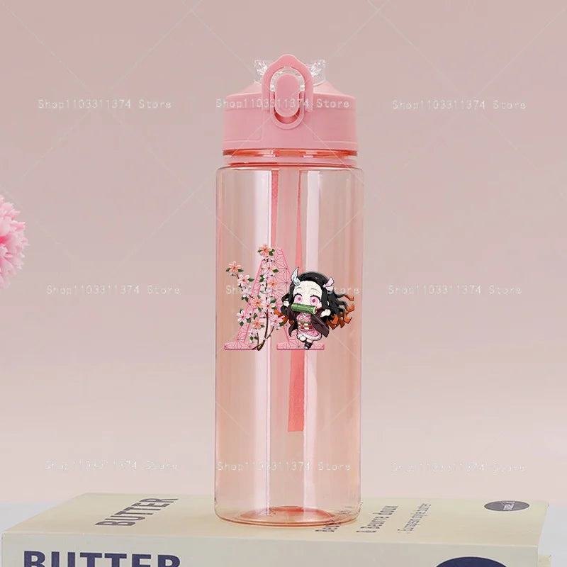 Demon Slayer Pink Water Bottle with Straw Cute Drinking Bottles Letter A-z Summer Sports Portable Water Cup Child Birthday Gift