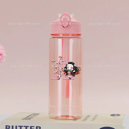 Demon Slayer Pink Water Bottle with Straw Cute Drinking Bottles Letter A-z Summer Sports Portable Water Cup Child Birthday Gift