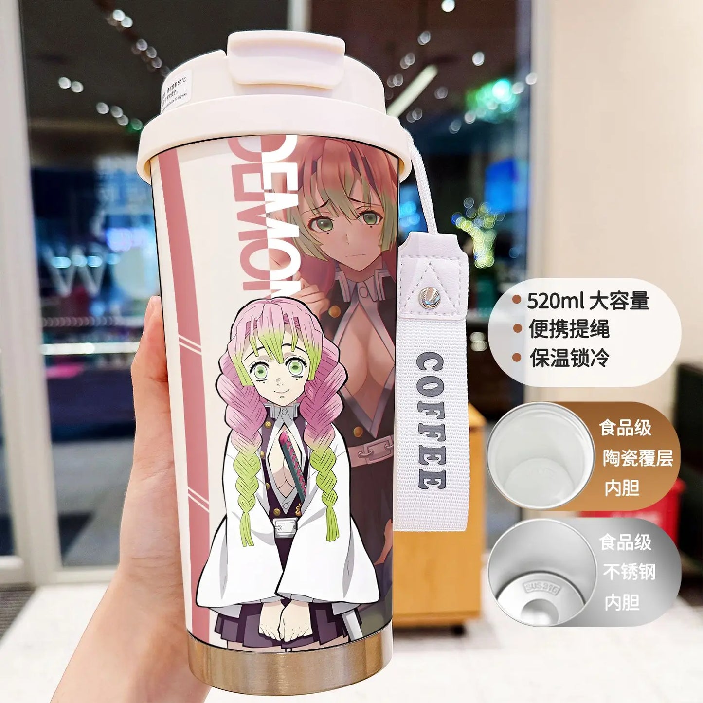 Demon Slayer Kochou Shinobu Water Cup Agatsuma Zenitsu Tomioka Giyuu Straw Thermos Cup Anime Stainless Coffee Mug Motion Bottle