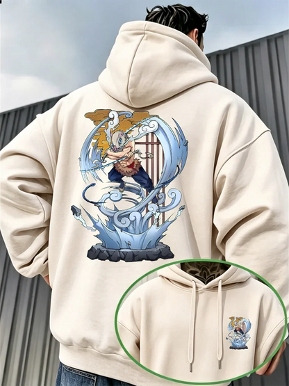 Bandai Demon Slayer Men's Hoodie with Inosuke Print, High-Quality Warm Men's Hooded Sweatshirt for Autumn and Winter