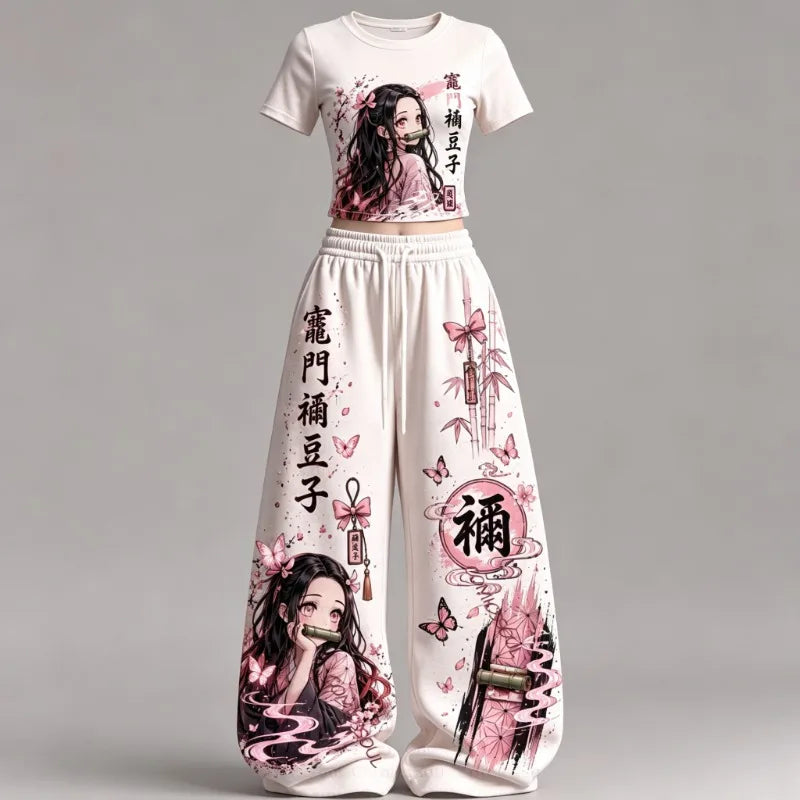 2026 Demon Slayer Summer Print 2 Piece Outfit Y2K Streetwear T Shirt + Wide Leg Pants Set Casual Sportswear Tracksuit Adult Kids