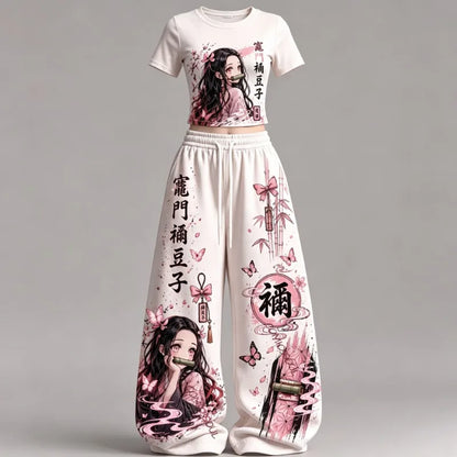 2026 Demon Slayer Summer Print 2 Piece Outfit Y2K Streetwear T Shirt + Wide Leg Pants Set Casual Sportswear Tracksuit Adult Kids