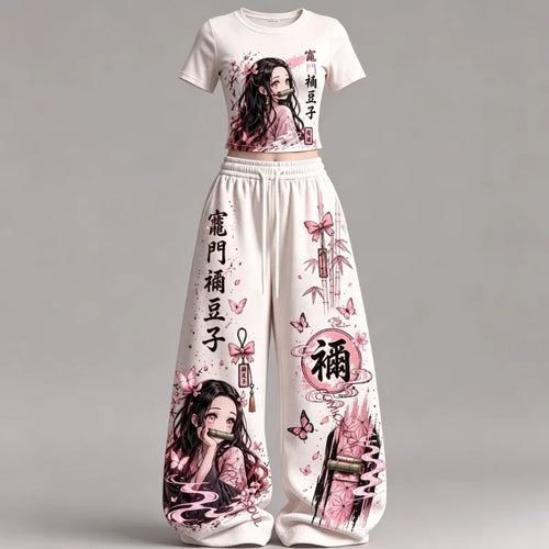 2026 Demon Slayer Summer Print 2 Piece Outfit Y2K Streetwear T Shirt + Wide Leg Pants Set Casual Sportswear Tracksuit Adult Kids