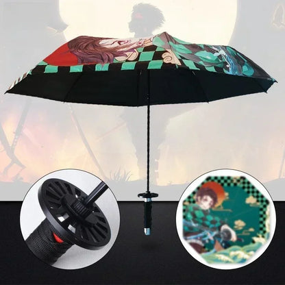 Demon Slayer Folding Katana Umbrella Tanjirou Zenitsu Anime UV Parasol Rain Gear Samurai Style Cosplay Display Photo Prop Decor