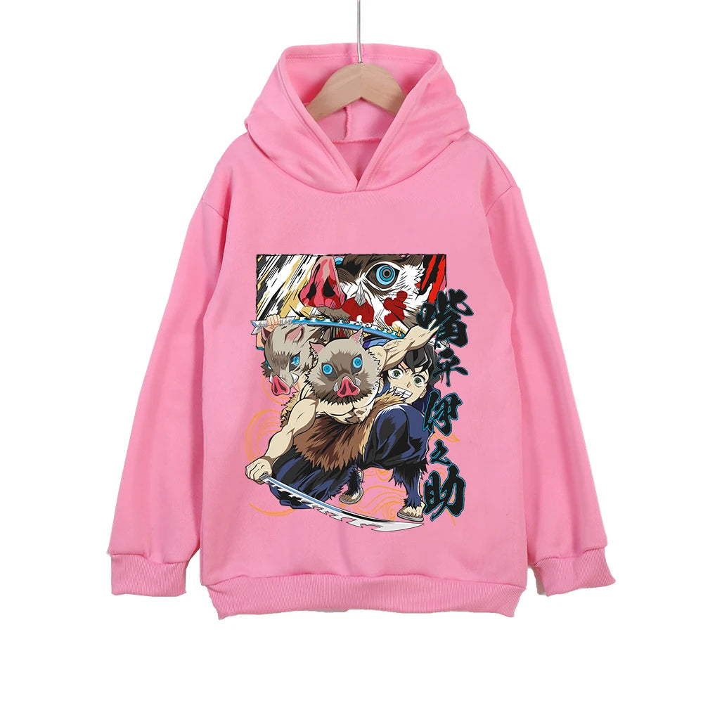 Childrens Cartoon Hoodie Demon Slayer Inosuke Graphic Cotton Pullover Unisex Boys Girls Clothes 100-160cm