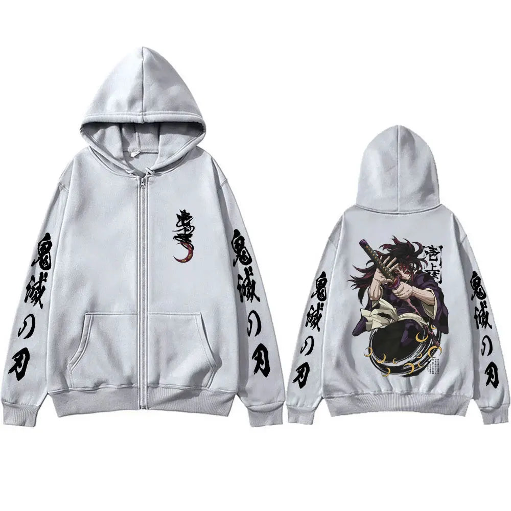 Anime Demon Slayer Kokushibo Zipper Hoodie Men Women Clothing Cartoon Fashion Zip Up Jacket Men's Oversized Zip Up Sweatshir