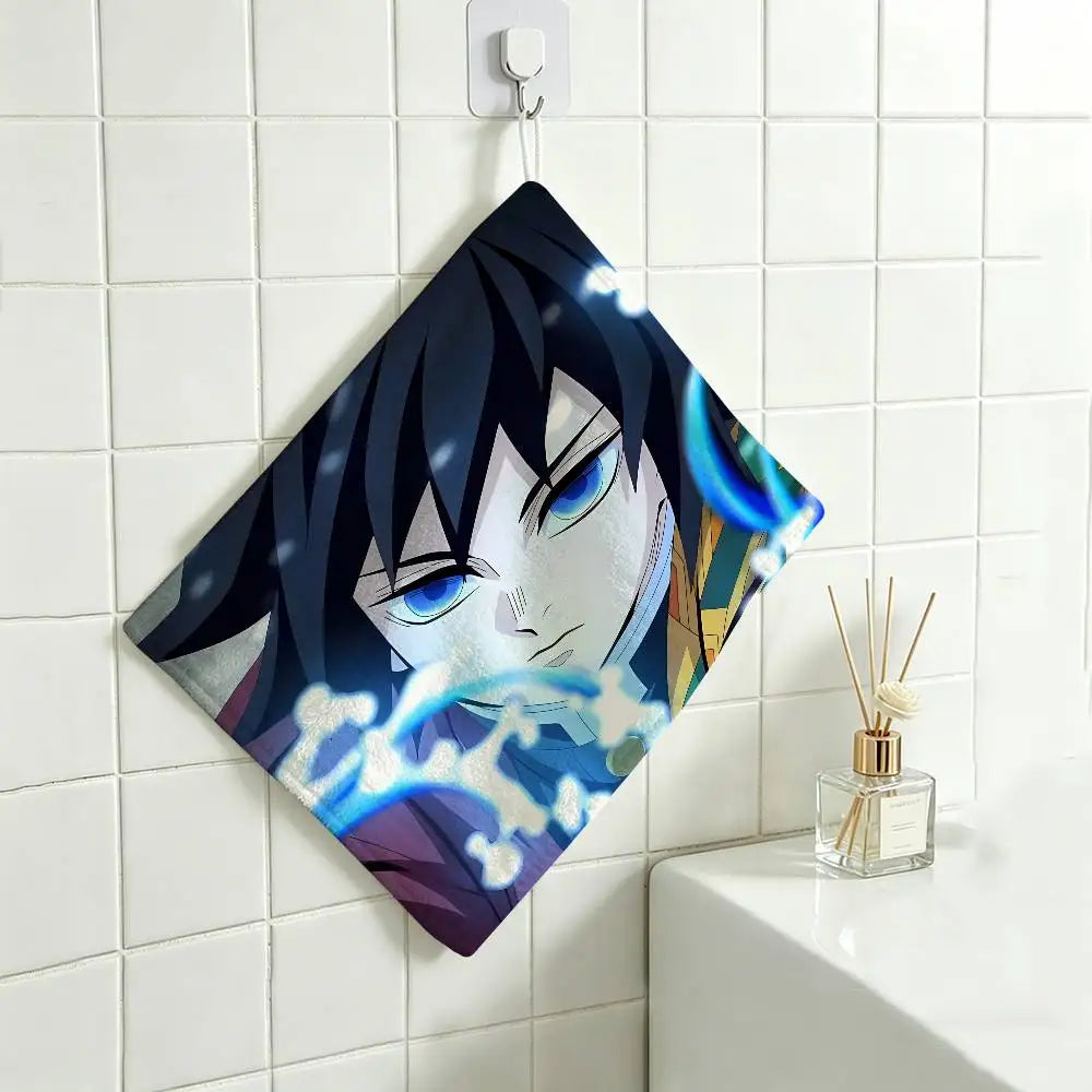 Cartoon Figure Giyu Tomioka Hanging Polyester Cotton Towel, Reusable Hand Wiping Cloth, Wear Resistant for Home Kitchen Sink