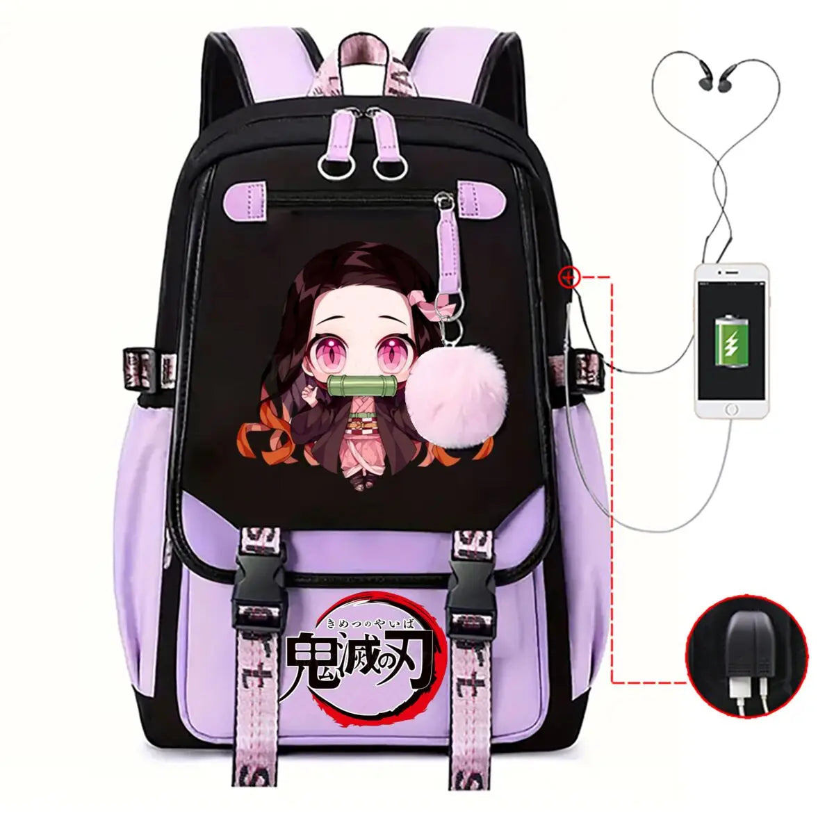 Anime Kamado Nezuko Print Backpacks Women Girls USB Charging Bags Large Capacity Children Teeneger Schoolbags Travel Bagpacks