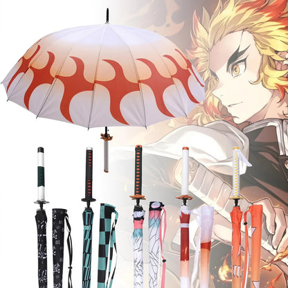 Demon Slayer Katana Umbrella Kimetsu Long Rain Parasol UV Blocking Anime Samurai Style Cosplay Display Photo Prop Long Handle