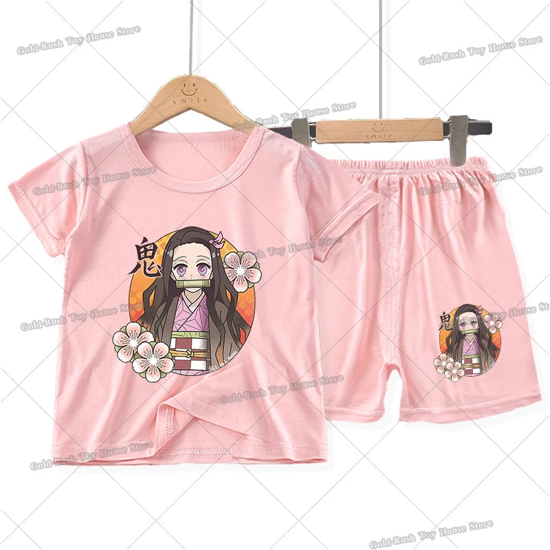 Demon Slayer Girl Pajamas Set Kamado Nezuko Kochou Shinobu Toddler Sleepwear 2pcs Cartoon Summer Home Tops Shorts Kids Pyjamas