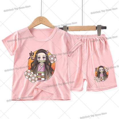 Demon Slayer Girl Pajamas Set Kamado Nezuko Kochou Shinobu Toddler Sleepwear 2pcs Cartoon Summer Home Tops Shorts Kids Pyjamas
