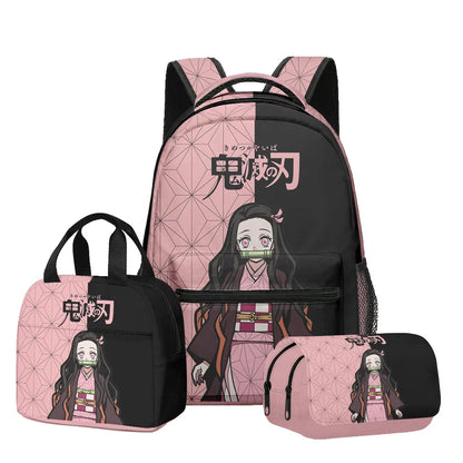 Anime Demon Slayer Kamado Nezuko 3Pcs School Bag Set Kids Backpack with Lunch Bag Pencil Case for Students Casual Travel Bookbag
