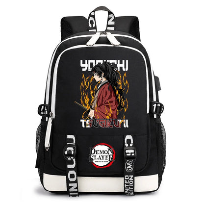 Demon Slayer Anime Print Student Backpack USB Charging Port Lightweight School Bag for Boys Girls