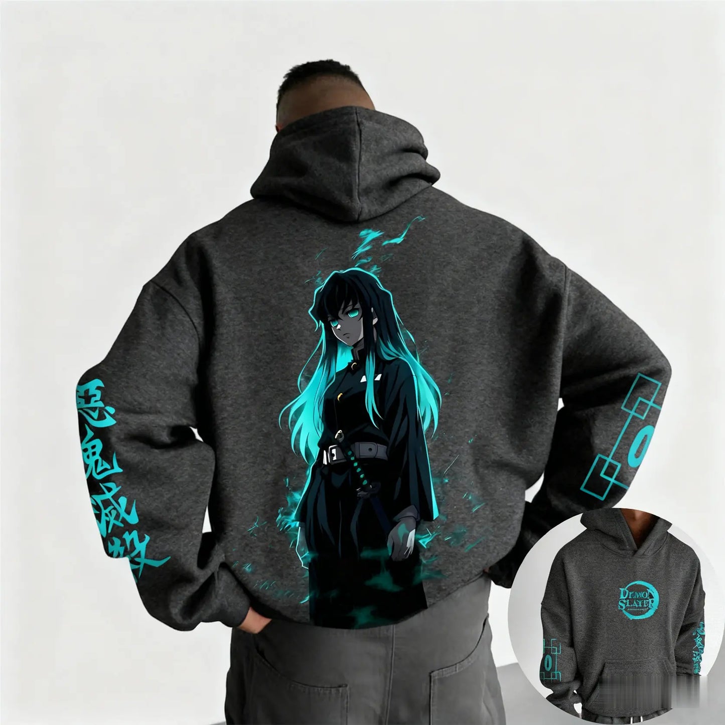 Demon Slayer Muichiro Tokito Large Size Fleece Hoodie American New Autumn Winter Men's and Women's Parent-Child Versatile Jacket