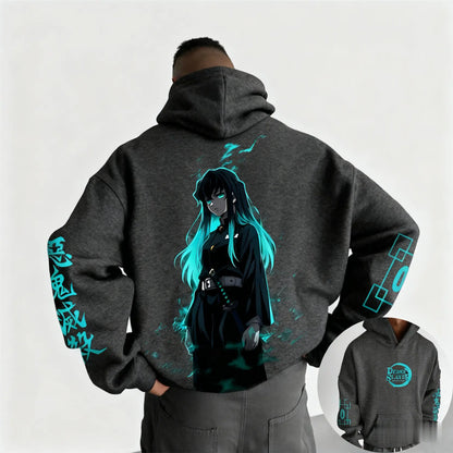 Demon Slayer Muichiro Tokito Large Size Fleece Hoodie American New Autumn Winter Men's and Women's Parent-Child Versatile Jacket