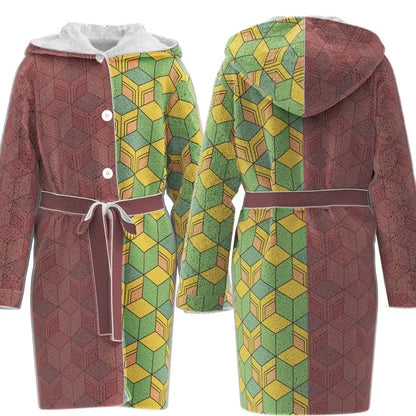 New Demon Slayer Rengoku Kyojuro Hooded Bathrobe Long Sleeve Tie Waist Loungewear Soft Absorbent Home Spa Robe Cosplay Sleepwear