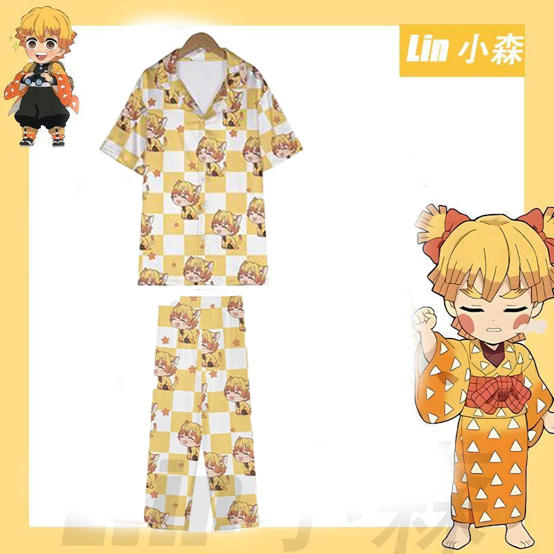 Anime Cosplay Homewear Demon Slayer Agatsuma Zenitsu Cute Pajama Set Demon Girl Pink Pattern Nightwear Loungewear Holiday Gift
