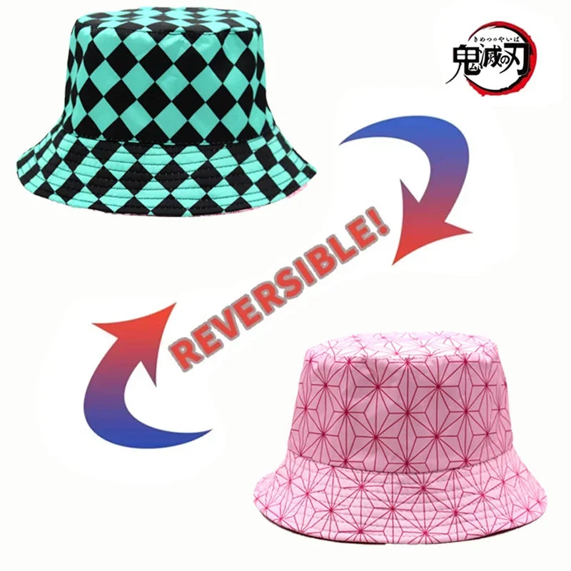 Anime Demon Slayer Fisherman Cap Cosplay Kamado Tanjirou Nezuko No Yaiba Printing Bucket Hat Sunhat Costume Double Sided Wearing