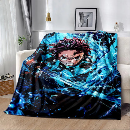 2026 Demon Slayer Tanjiro Kamado Water Breathing Print Flannel Blanket Double-sided All Seasons Throw Soft Nap Blanket for Home
