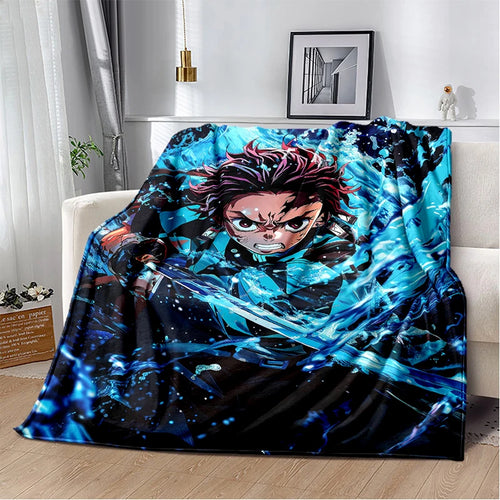 2026 Demon Slayer Tanjiro Kamado Water Breathing Print Flannel Blanket Double-sided All Seasons Throw Soft Nap Blanket for Home
