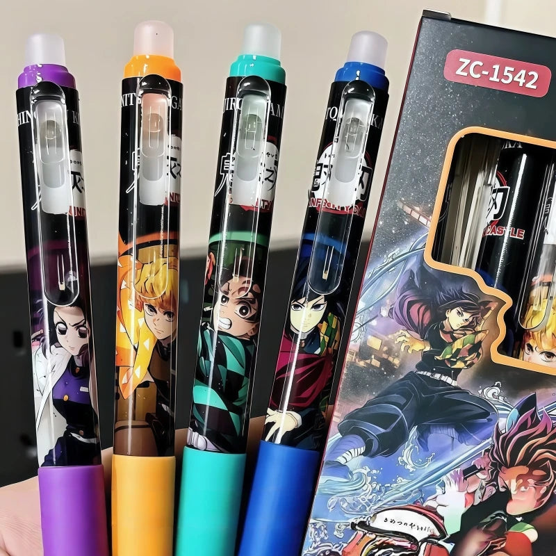 4pcs Demon Slayer erasable pens cartoon anime retractable pens ST quick-dry 0.5mm ballpoint pens for students study stationery