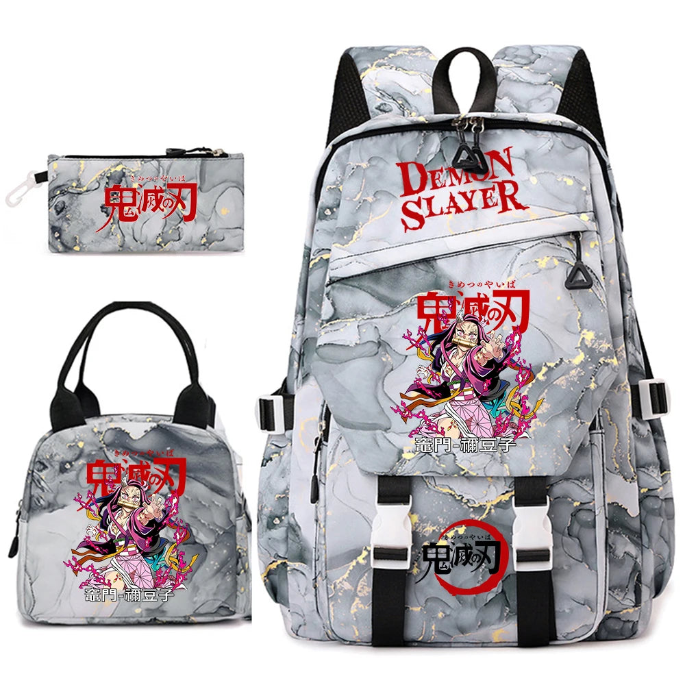 Demon Slayer Anime Backpack Set for Girls Demon Slayer 3Pcs School Bag Lunch Kit Pouch