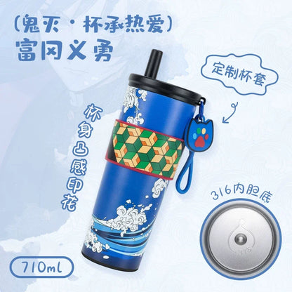 Anime Demon Slayer Vacuum Cup 24 Oz Tomioka Giyū 316 Stainless Steel High Capacity Car Coffee Cup Straw Thermos Cup Gift