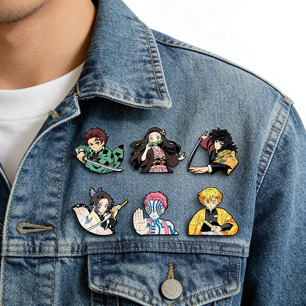 6pcs Demon Slayer Kimetsu No Yaiba Cartoon Brooches Anime Character Backpack Accessories School Bag Supplies