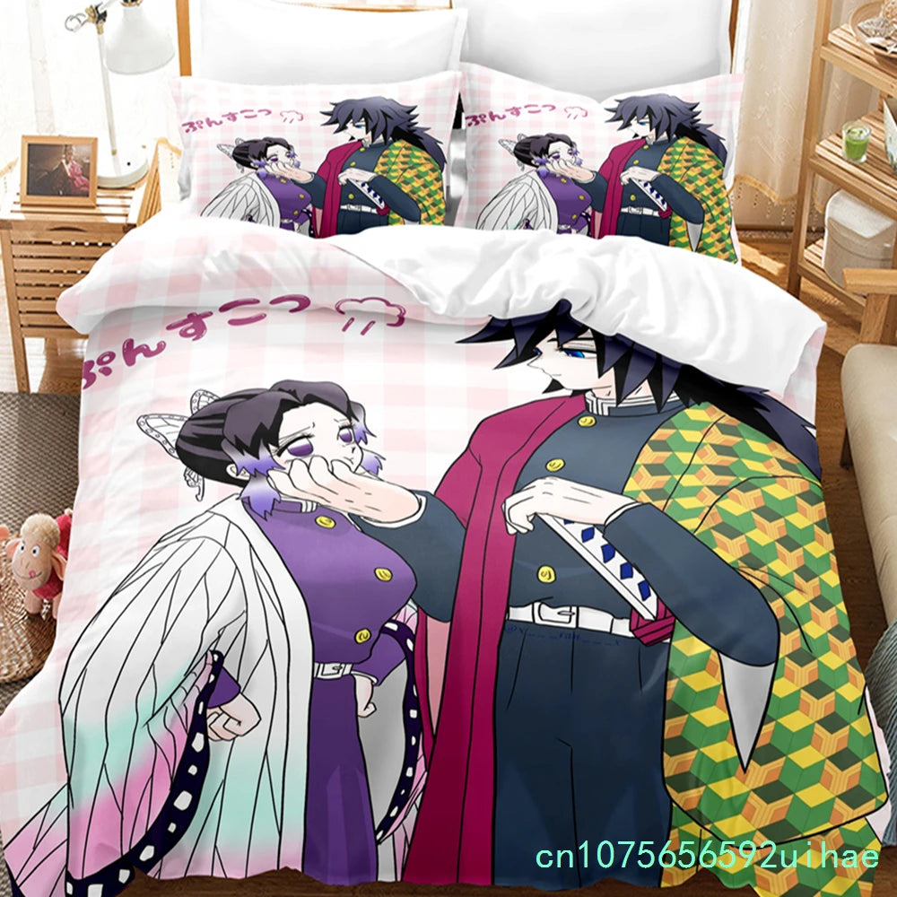 Kawaii Cartoon Demon Slayer Bedding Sets Duvet Cover Set With Pillowcase Twin Full Queen King Bedclothes Bed Linen Home Textiles