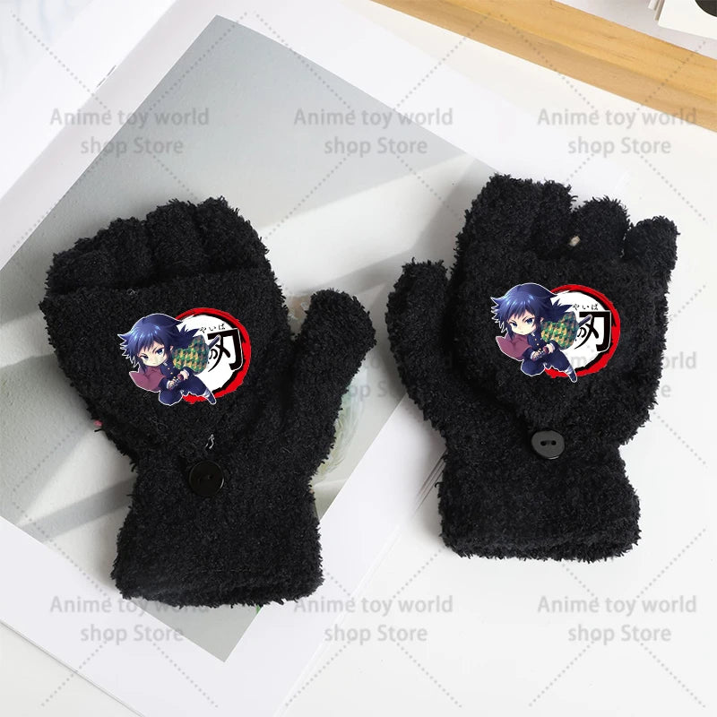 Demon Slayer Gloves Girl Boy Half Finger Flip Gloves Kamado Tanjirou Winter Outdoor Accessories Mittens Children Birthday Gifts