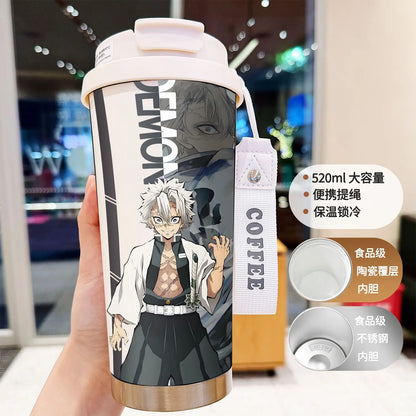 Demon Slayer Kochou Shinobu Water Cup Agatsuma Zenitsu Tomioka Giyuu Straw Thermos Cup Anime Stainless Coffee Mug Motion Bottle