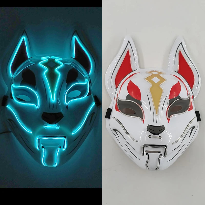 Glowing  Demon Slayer Mask Cosplay Japanese Cartoon Neon Light Samurai Mascara Luminous Led Fox Mask For Halloween Christmas