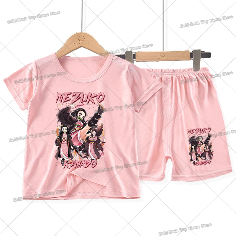 Demon Slayer Girl Pajamas Set Kamado Nezuko Kochou Shinobu Toddler Sleepwear 2pcs Cartoon Summer Home Tops Shorts Kids Pyjamas