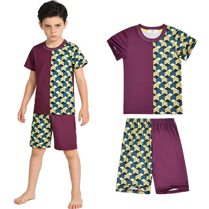 Kids Boys Girls Japanese Anime Style 2 Piece Pajama Set Short Sleeve Geometric Print Sleepwear Tanjiro Nezuko Zenitsu Loungewear