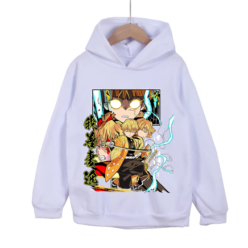 Kids Anime Demon Slayer Zenitsu Print Cotton Hoodie Unisex Boys Girls Pullover Sweatshirt Cosplay Costume for 3-12 Year Children