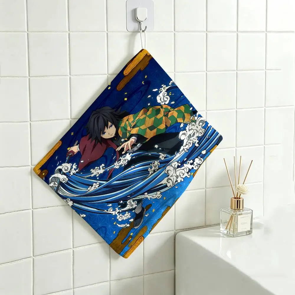 Cartoon Figure Giyu Tomioka Hanging Polyester Cotton Towel, Reusable Hand Wiping Cloth, Wear Resistant for Home Kitchen Sink