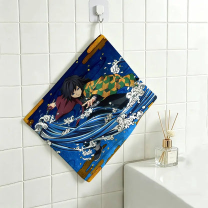 Cartoon Figure Giyu Tomioka Hanging Polyester Cotton Towel, Reusable Hand Wiping Cloth, Wear Resistant for Home Kitchen Sink