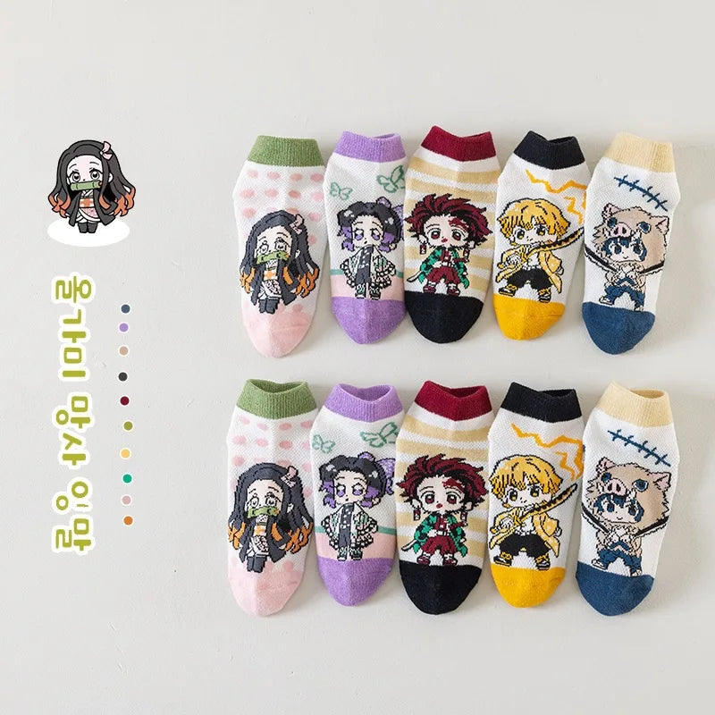 5pcs Demon Slayer socks cute anime Mitsuri Kanroji Zenitsu Agatsuma Nezuko Kamado mesh breathable socks suitable for ages 6-12