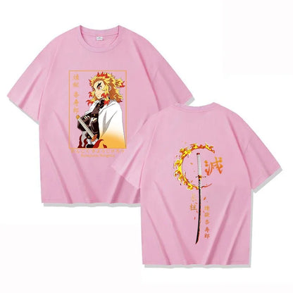 Demon Slayer Kyojuro Rengoku Pure Cotton T-shirt 2026 Summer New Anime Printed Loose Casual Parent Child Short Sleeve Top