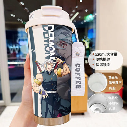 Demon Slayer Kochou Shinobu Water Cup Agatsuma Zenitsu Tomioka Giyuu Straw Thermos Cup Anime Stainless Coffee Mug Motion Bottle