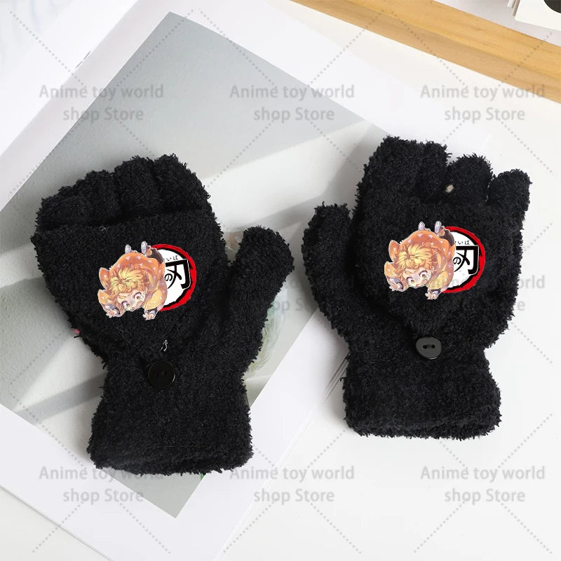 Demon Slayer Gloves Girl Boy Half Finger Flip Gloves Kamado Tanjirou Winter Outdoor Accessories Mittens Children Birthday Gifts