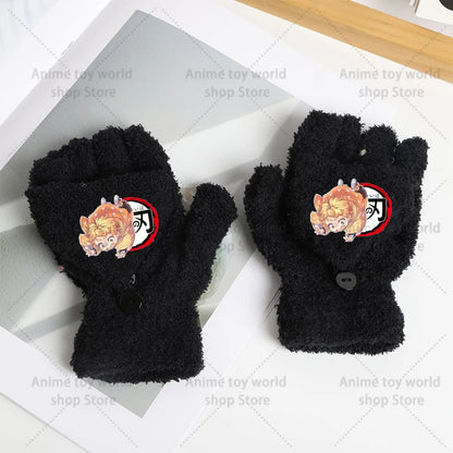 Demon Slayer Gloves Girl Boy Half Finger Flip Gloves Kamado Tanjirou Winter Outdoor Accessories Mittens Children Birthday Gifts