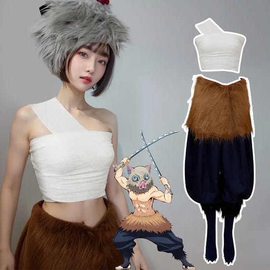 Hashibira Inosuke Cosplay Costume, Boar Head Mask Set, Halloween Party Outfit Inosuke Wigs Package Pants Fancy Dress Pants and
