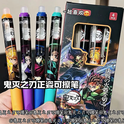 4pcs Demon Slayer erasable pens cartoon anime retractable pens ST quick-dry 0.5mm ballpoint pens for students study stationery