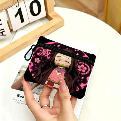 Anime Demon Slayer Multifunctional Oxford Cloth Small Pouch With Hook Mini Coin Wallet Earbud Storage Bag