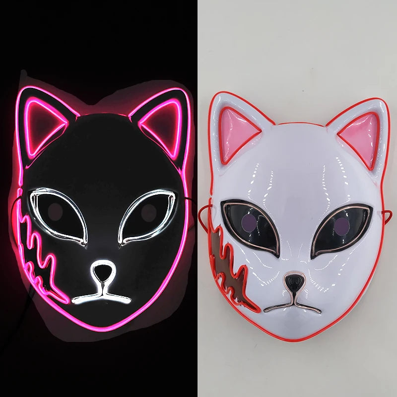 Glowing  Demon Slayer Mask Cosplay Japanese Cartoon Neon Light Samurai Mascara Luminous Led Fox Mask For Halloween Christmas