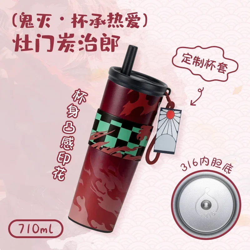 Anime Demon Slayer Vacuum Cup 24 Oz Tomioka Giyū 316 Stainless Steel High Capacity Car Coffee Cup Straw Thermos Cup Gift