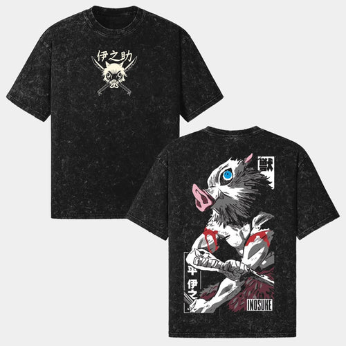 2026 Latest Inosuke Demon Slayer Anime T Shirt Double-Sided Graphic Tee, Vintage Washed Kimetsu No Yaiba Shirt, Unisex
