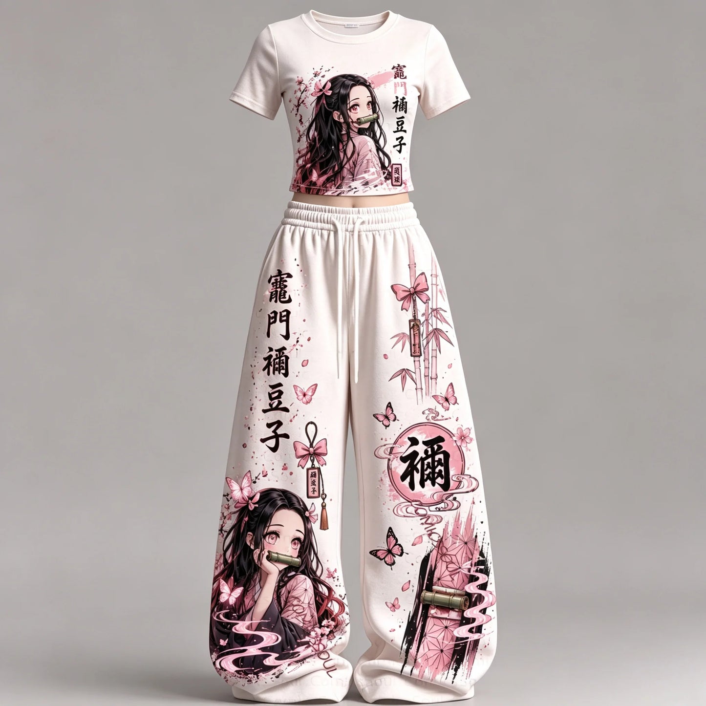 2026 Demon Slayer Summer Print 2 Piece Outfit Y2K Streetwear T Shirt + Wide Leg Pants Set Casual Sportswear Tracksuit Adult Kids
